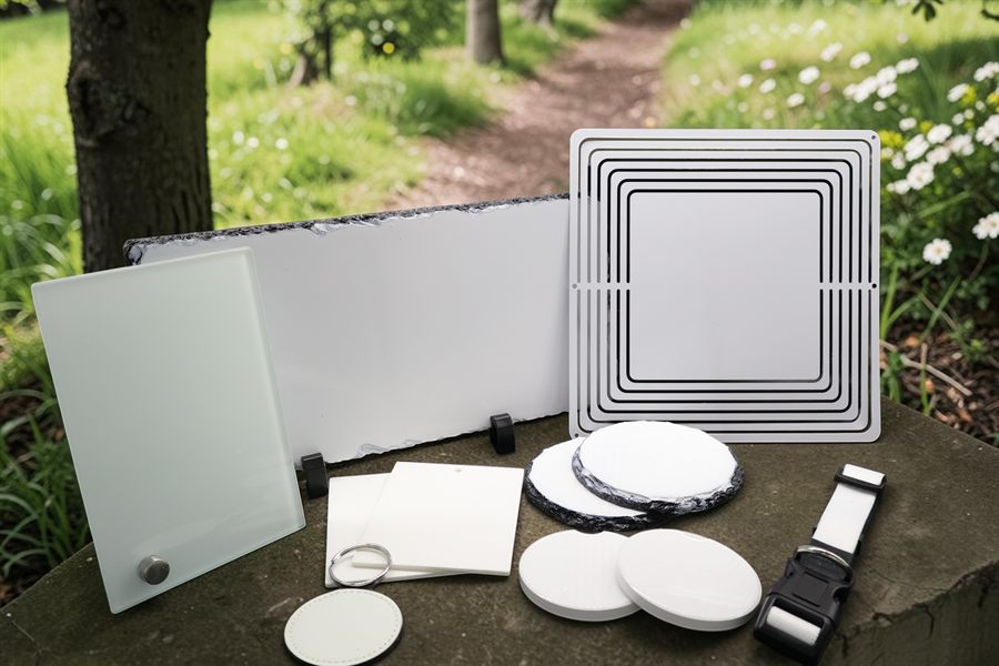 Assorted blanks for sublimation: slate, coasters, puzzle, keychain, and more