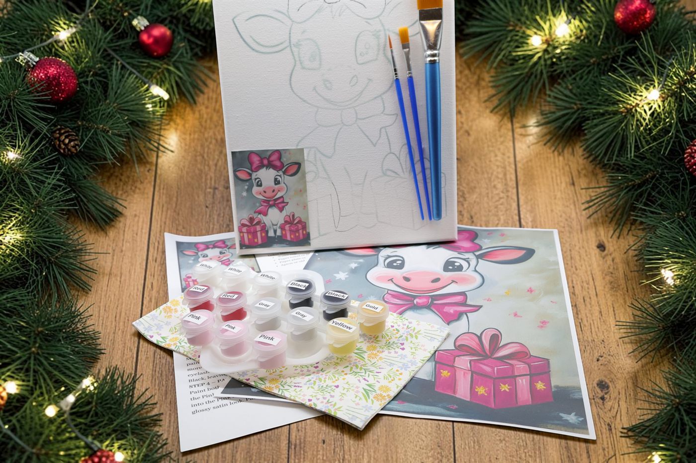 Christmas Cow Pink Bow painting kit